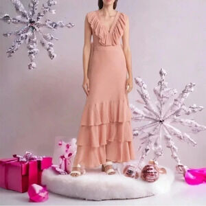 NWT Ted Baker London Ashleigh Crinkle Crepe Ruffle Dusty Pink Maxi Dress Size 5